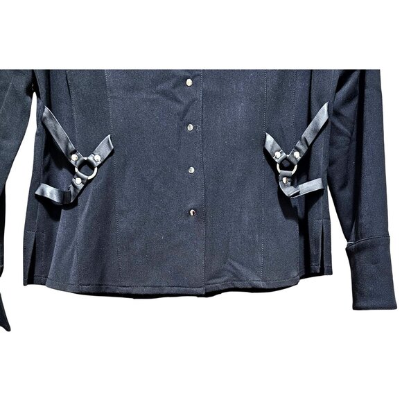 Vex Womens Black Button-Up Blouse With Decorative Ribbon & Pearl Accents - Picture 6 of 8